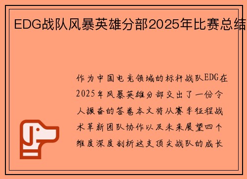 EDG战队风暴英雄分部2025年比赛总结